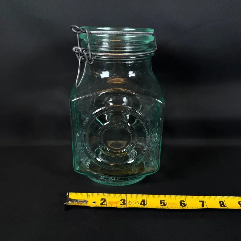 Vintage Hermetic Green Tinted Lantern Style Glass Canister Jar Made in Italy